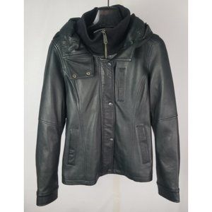 Avirex Women’s Genuine Leather Jacket with Collapsible Knit Hood